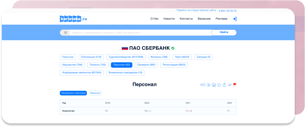 Скриншот раздела Персонал на сайте kartoteka.ru